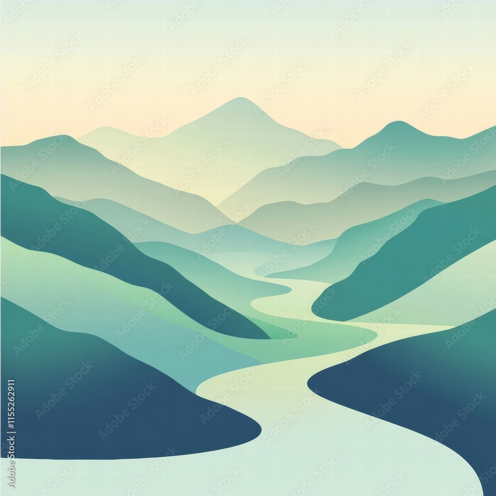 Aufkleber Winding river through a serene mountain range in a minimalist landscape with ample space for text. Generative AI