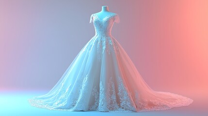 Obraz premium Elegant Lace Wedding Gown Displayed on Mannequin
