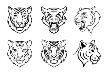 Tiger head liner set illustration. Animal face silhouette vector illustration