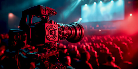 Professional camera setup in a cinema hall, movie premier. Film festival banner capturing the excitement of cinematic premieres and exclusive events with a focus on cameras and broadcasting