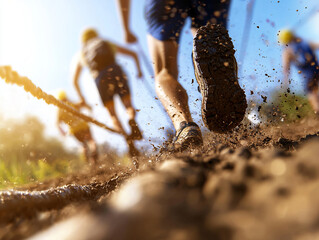 Athletes running through muddy obstacle course on sunny day, showcasing determination and teamwork