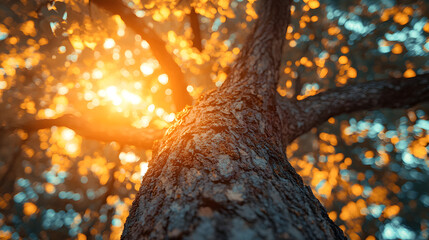 close up view of tree trunk with sunlight filtering through leaves, creating warm glow