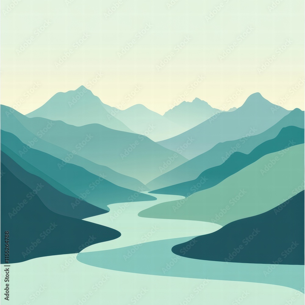 Poster majestic mountain range with a winding river creating a peaceful landscape. generative ai