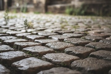 A close-up, abstract shot of an old cobblestone pavement