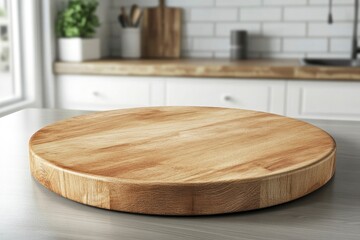 Empty beautiful round wood tabletop counter on interior in clean and bright kitchen background, Ready for display, Banner, for product montage 