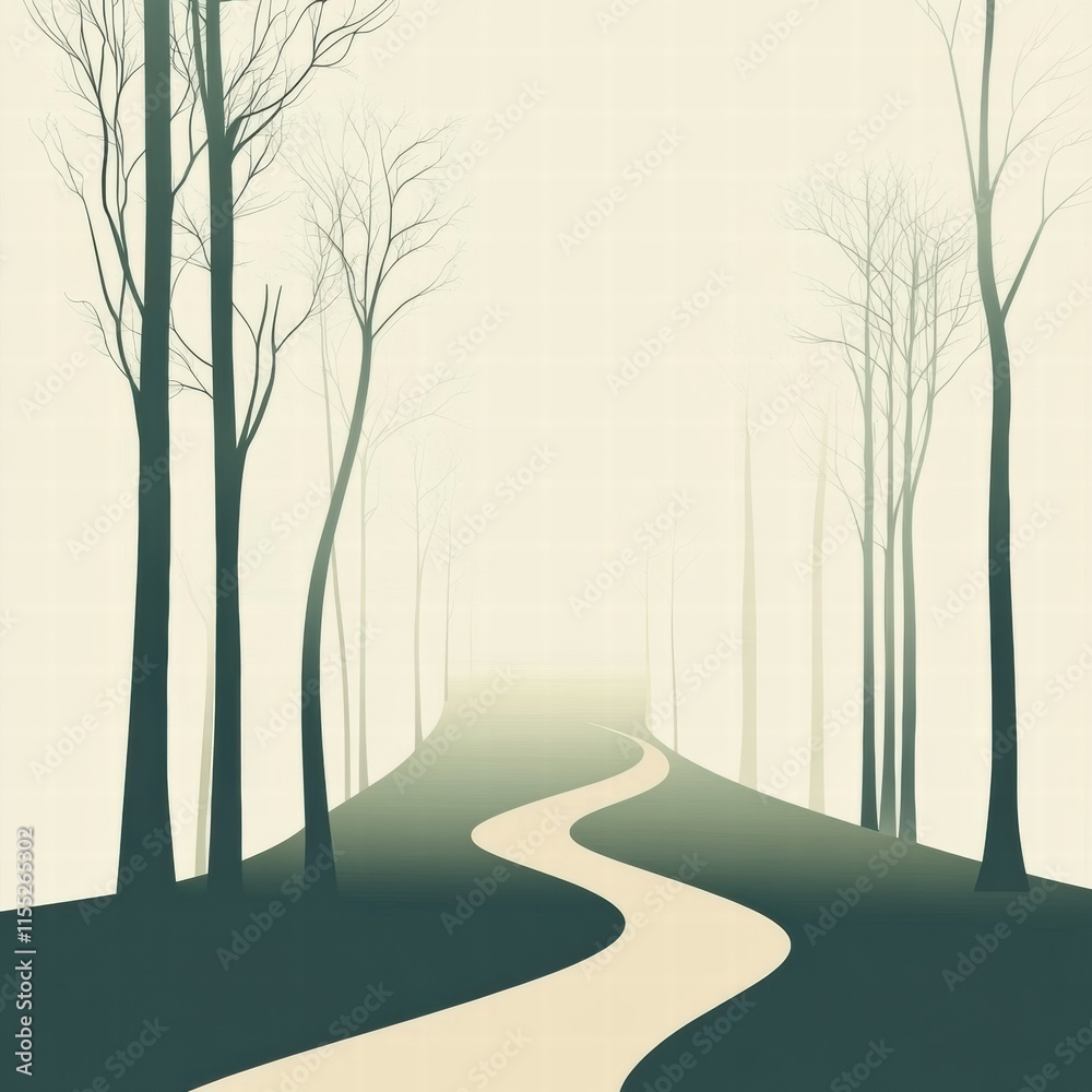 Poster winding minimalist forest path leading into serene distance amid gentle fog. generative ai