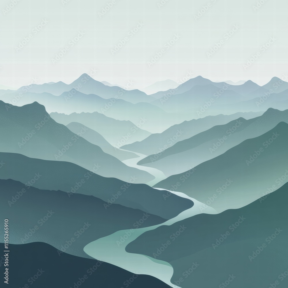 Poster explore the serene beauty of a winding river through an expansive mountain range in minimalist desig