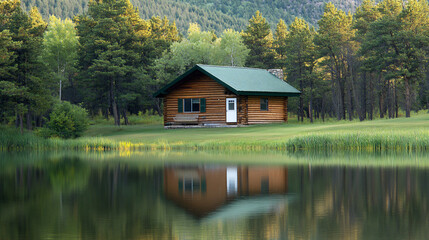 Obraz premium Lakeside log cabin reflected in calm water, nestled in a tranquil forest setting.