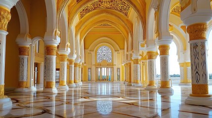 Iconic palace interior featuring grand arches and historical motifs
