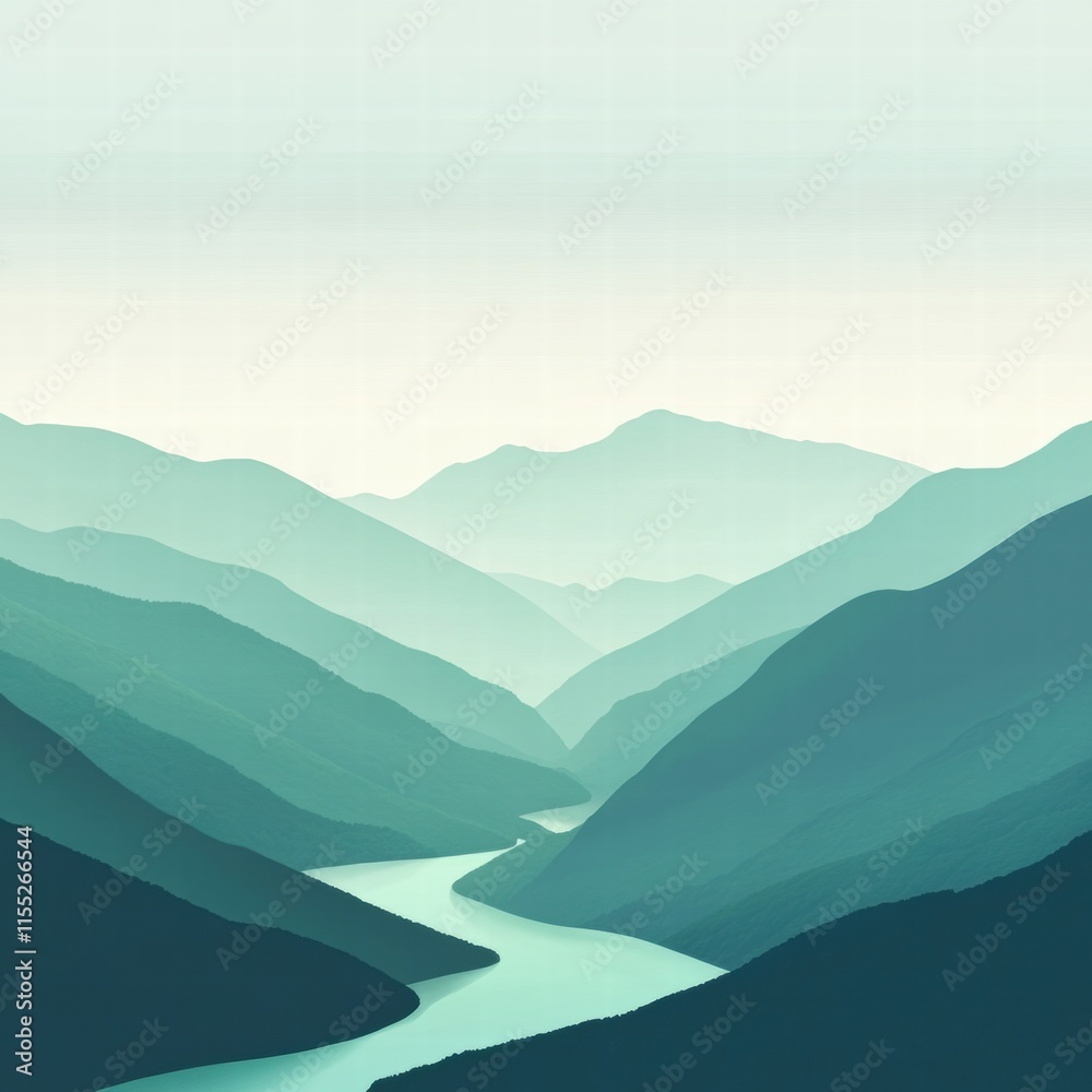 Aufkleber Winding river through serene mountain range in minimalist landscape design for text overlay and creative projects. Generative AI