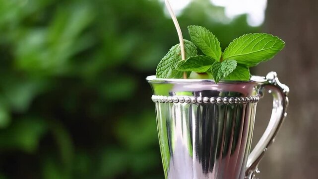 Mint julep in a traditional silver cup, garnished with fresh mint sprigs, set against a soft-focus background of green foliage
