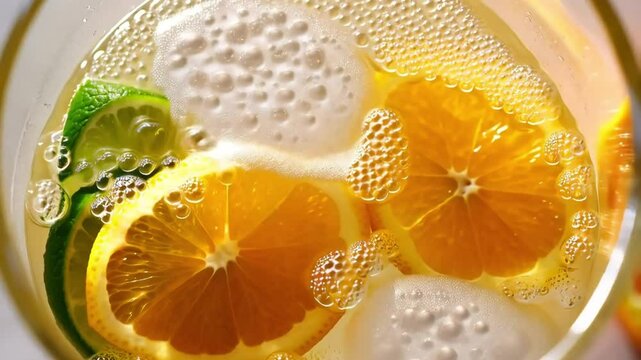 Sparkling ginger drink with fresh slices of citrus floating in a clear glass, illuminated by sunlight for a bright, refreshing appearance

