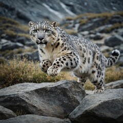Fototapeta premium A snow leopard leaping gracefully across rocks.