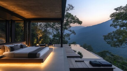 Large bed on an open terrace with soft lighting, overlooking a serene mountain view