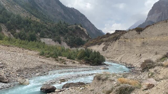 Gushing green waters of the Kali river on the way to Adi Kailash in Uttarakhand, India