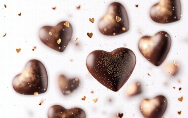Fototapeta premium Floating heart-shaped chocolates with gold accents, shimmering against a white background for Saint Valentines Day