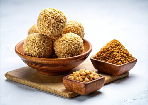 Golden til gud laddu, a minimalist Makar Sankranti celebration.  Sweet sesame delight, festively photographed.