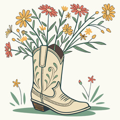  A charming illustration of a cowboy boot used as a vase, holding wild flower sticks, combining rustic and floral elements for a country-inspired design.