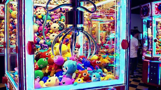 Claw Machine with Colorful Plush Toys in Arcade Setting, for Amusement Park or Carnival Display