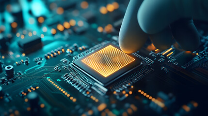 gloved hand carefully installs microchip on circuit board