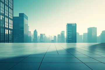 Empty square floor with modern city commercial buildings scenery. Panoramic view. 