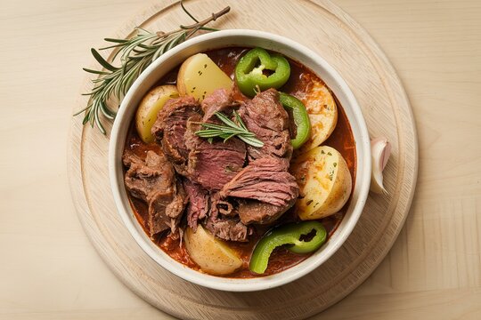 a light wooden background with a bowl of stewed beef meat