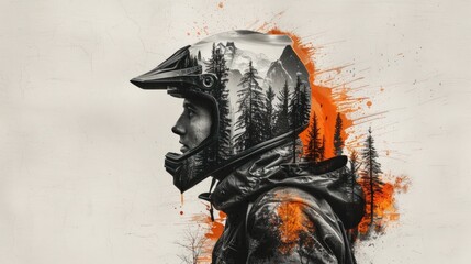 Profile of a person wearing a motorcycle helmet with a mountain landscape reflected inside.  Orange paint splatters surround the image.