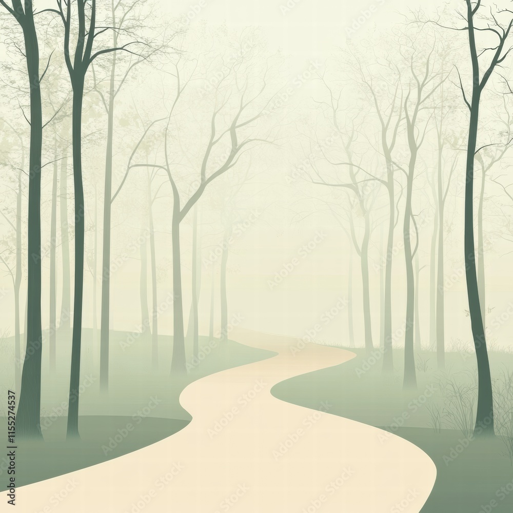 Aufkleber explore a winding forest path surrounded by minimalist trees in soft fog. generative ai