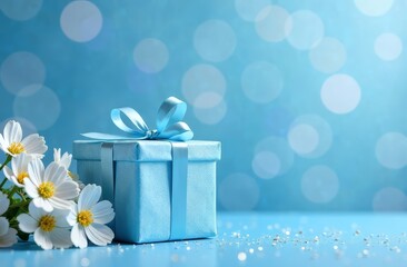A gift wrapped in a blue package with a blue ribbon stands on the left of the photo on a blue background with blue and white bokeh, next to it there is a bouquet of white flowers with space for text. 