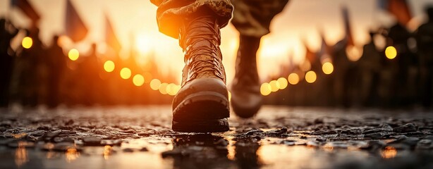 A soldier's boot steps forward against a backdrop of a sunset, symbolizing courage, duty, and the journey of service.