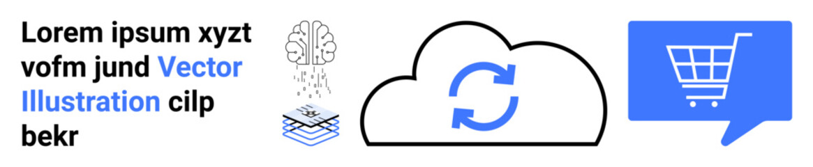 Cloud symbol with update icon, AI brain graphic, shopping cart in blue dialog bubble, and text elements. Ideal for technology, cloud services, AI innovations, data management, e-commerce solutions