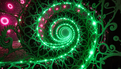 Vibrant green spiral structure with glowing lights and abstract patterns in a dark space
