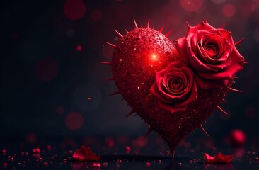 A red textured heart with one side consisting of red rosebuds, the other side of the heart covered with thorns on the right close-up on a dark background with red petals at the bottom.