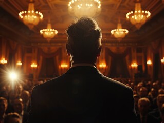 Fototapeta premium A senior businessman is giving a presentation in a grand, ornate hall filled with an attentive audience. The lighting is warm and chandeliers add elegance.