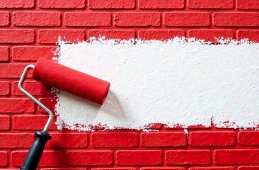 The red paint roller paints the brick steppe in red, leaving a white stripe in the middle with space for text, Renovation concept, wall painting, interior design.