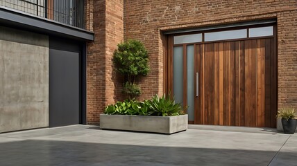 A tall wooden door with a sliding feature, framed by exposed concrete or brick walls, and accented with street-style planters or sculptural art pieces.