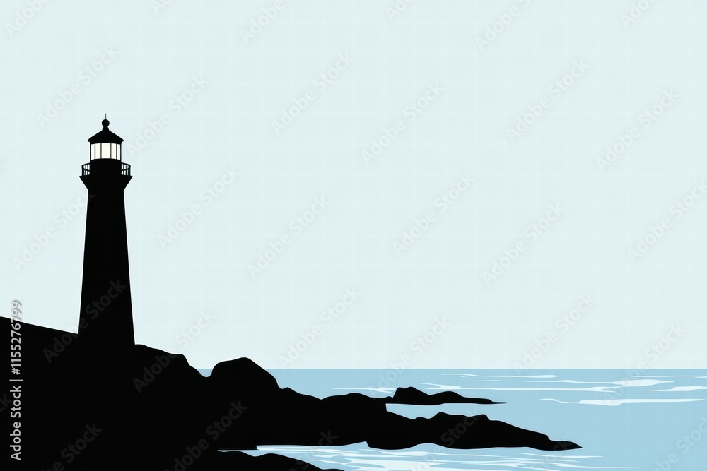 Aufkleber Silhouette of a lighthouse on a rocky coast with minimalist design for text placement. Generative AI
