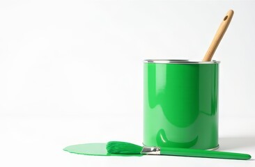 A green can with paint and a brush inside stands on a white background on the right, next to the can there is a green paint brush around with space for text. The concept of repair, wall painting.