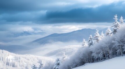 Amazing winter scenes snowcovered mountains and pine trees under bright sunlight. Perfect for winter holidaythemed designs, naturethemed projects, and travel advertisements.