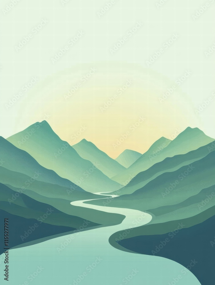 Leinwandbilder mountain range with winding river under soft morning light and ample space for text. generative ai
