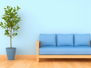 Fototapeta premium Blue Sofa 3D Render Light Blue Walls