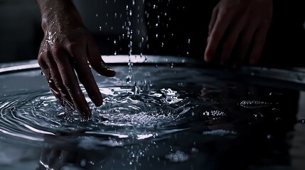 A hand is in a bowl of water, and the water is splashing out of the bowl