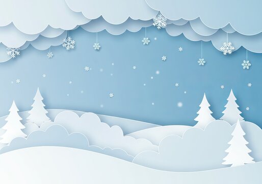 Paper cut clouds with snowflakes on blue sky background. Snowy winter holiday banner for Christmas and New Year Design