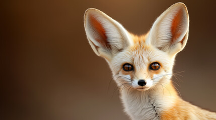 Obraz premium Unique fennec fox with large ears gazes curiously at the camera in a sandy environment during golden hour lighting