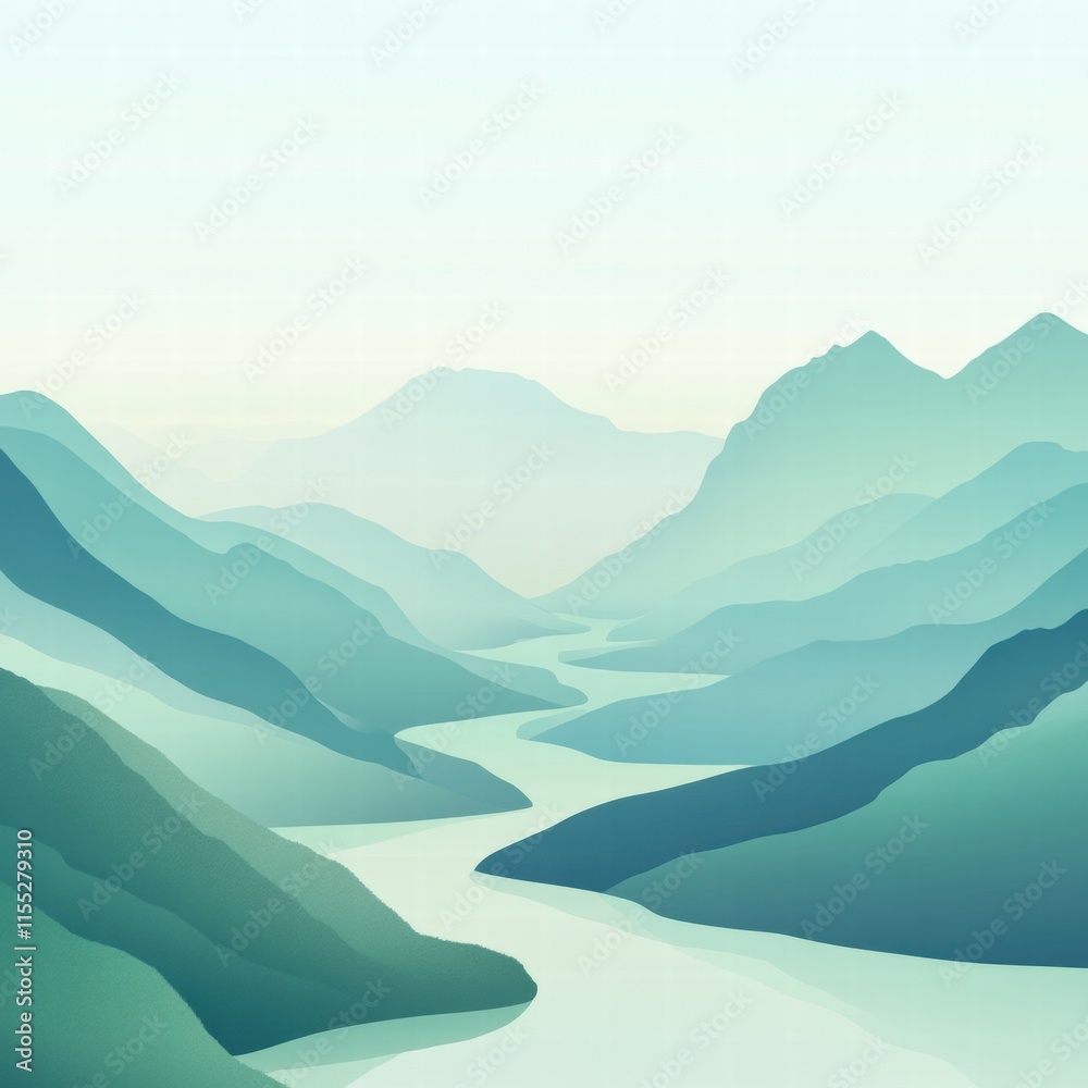 Leinwandbilder Winding river through a tranquil mountain range with minimalistic design and space for text. Generative AI