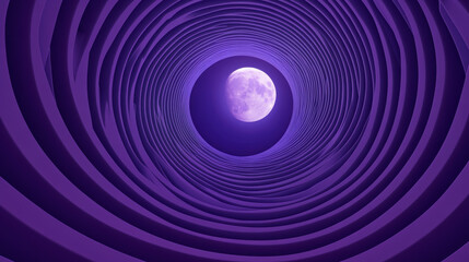 Circular tunnel leading to a glowing full moon under a purple sky at night