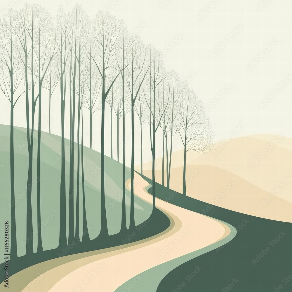 Poster Winding forest path leads through minimalist landscape with soft hills and trees in gentle colors. Generative AI