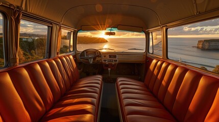 Sunrise view from inside a vintage van parked on a cliff overlooking the ocean.