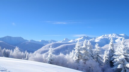 Amazing winter scenes snowcovered mountains and pine trees under bright sunlight. Perfect for winter holidaythemed designs, naturethemed projects, and travel advertisements.