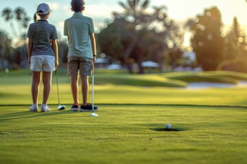 Obraz premium Young golfers standing together on a lush golf course, preparing to play. The sun sets in the background, creating a warm, serene atmosphere.